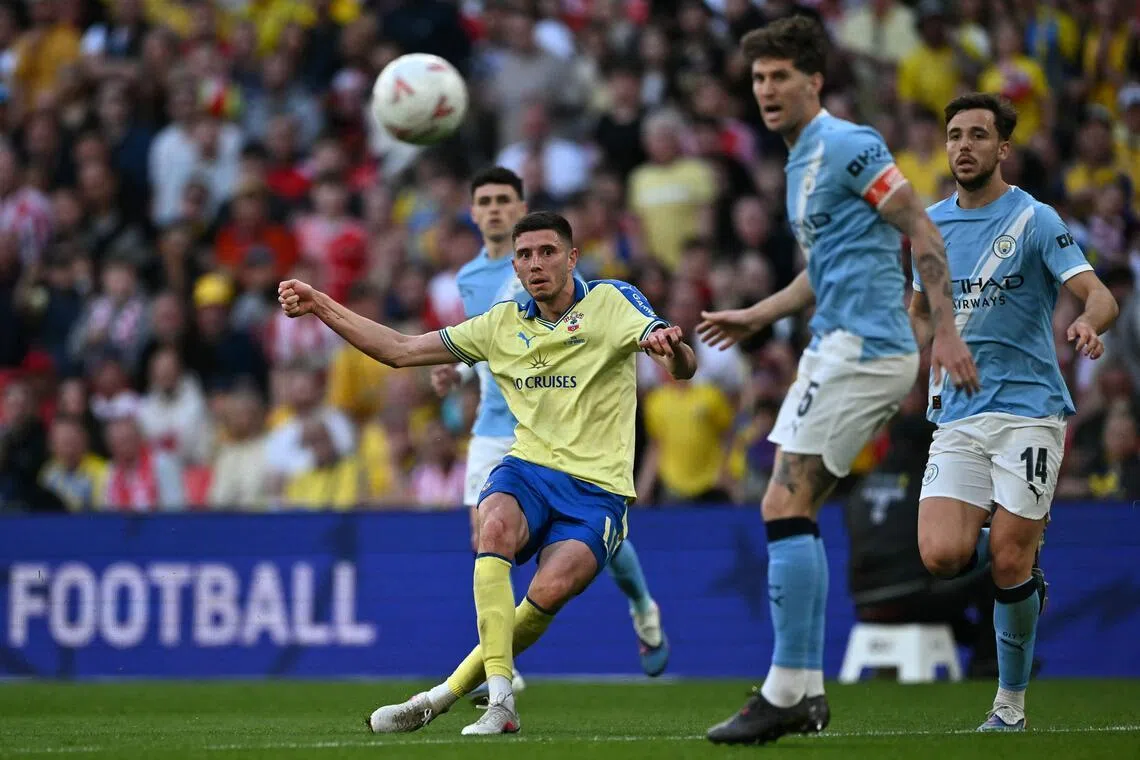Southampton's Scottish striker Ross Stewart taking a shot in the English FA Cup semi-final loss to Manchester City at Wembley stadium in London on April 25, 2026.