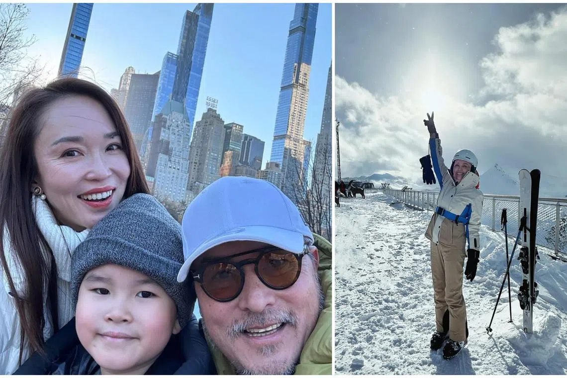 Fann Wong with her husband Christopher Lee and their son Zed in New York (left) and Zoe Tay skiing in France.