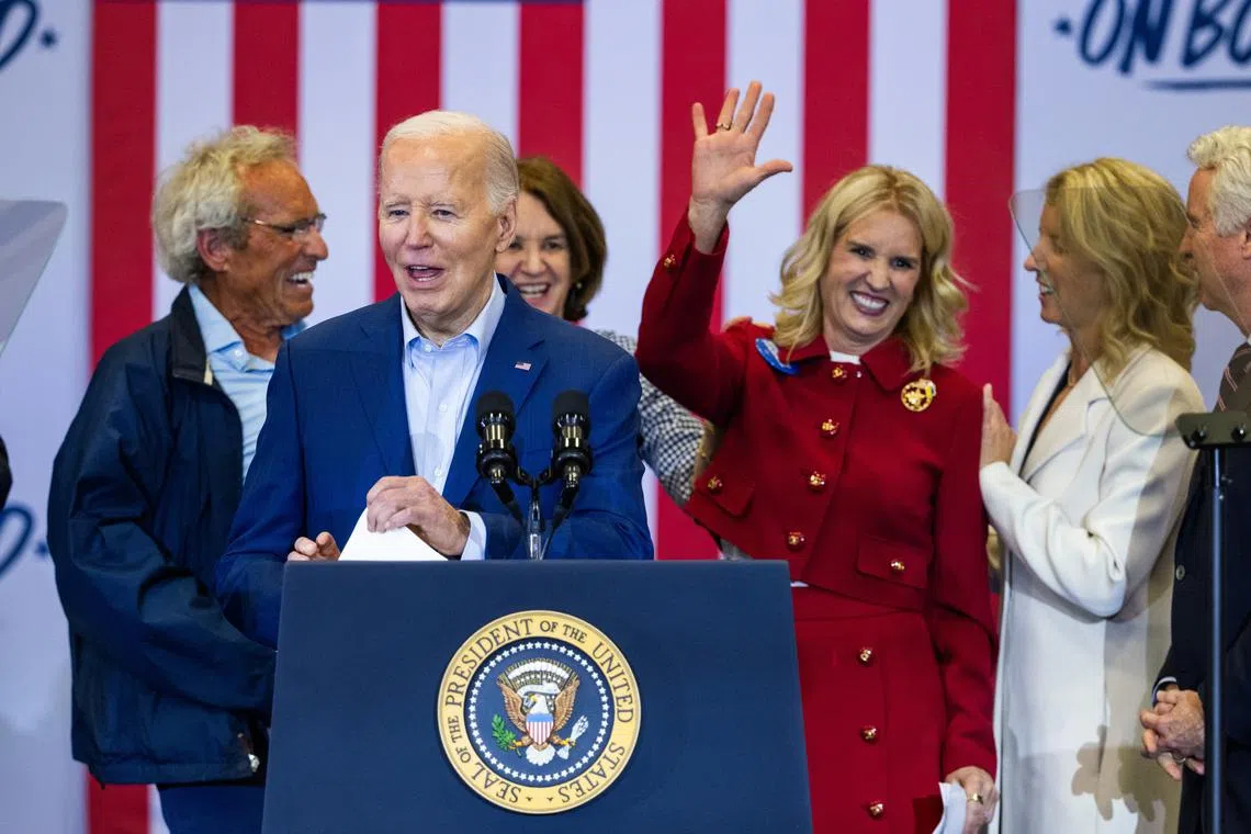 US President Joe Biden with Kerry Kennedy (right) and other Kennedy family members, at the Martin Luther King Recreation Center in Philadelphia.