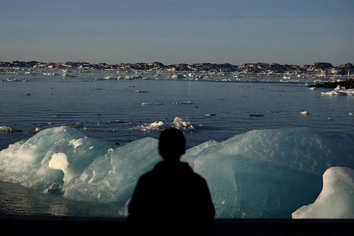 A man looks at floating ice at the old harbour of Nuuk, Greenland, January 29, 2026. REUTERS/Stoyan Nenov
