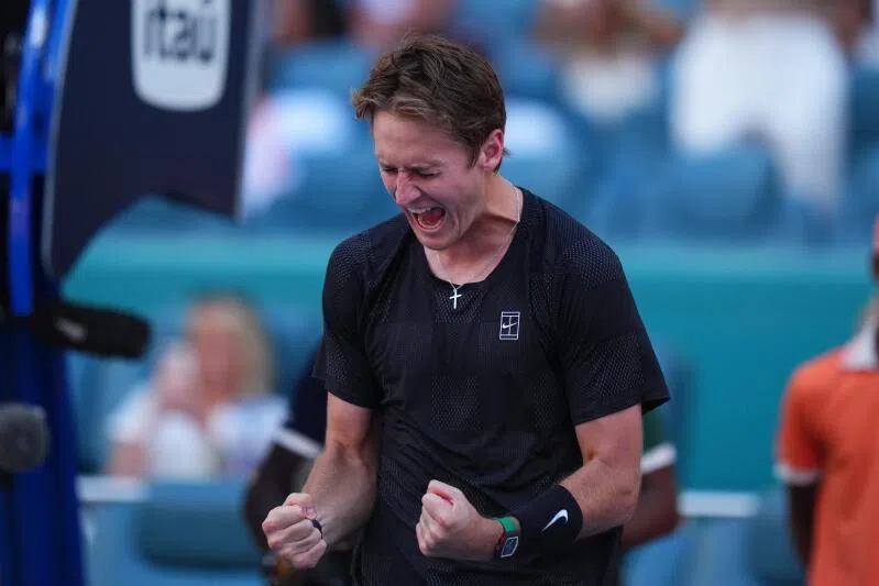 Sebastian Korda of the United States reacts after defeating Carlos Alcaraz of Spain during Day 6 of the Miami Open at Hard Rock Stadium, Miami Gardens, Florida.
