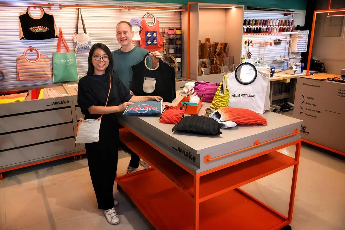 ST20230731_202394835490 accustom Chong Jun Liang
From left: Gin Lee and Tamir Niv, co-founders of Gin Lee studio photographed on July 31, 2023.

*******

Feature on local fashion brands offering custom services. In a bid to become more sustainable, fashion studio Gin Lee Studio launched bag-making workshops that promote circularity - 1) COTS, which uses colour-transfer technology to dye materials on-demand for its signature pleated bags 2) Tee-to-Bag, which upcycles old T-shirts into bags.