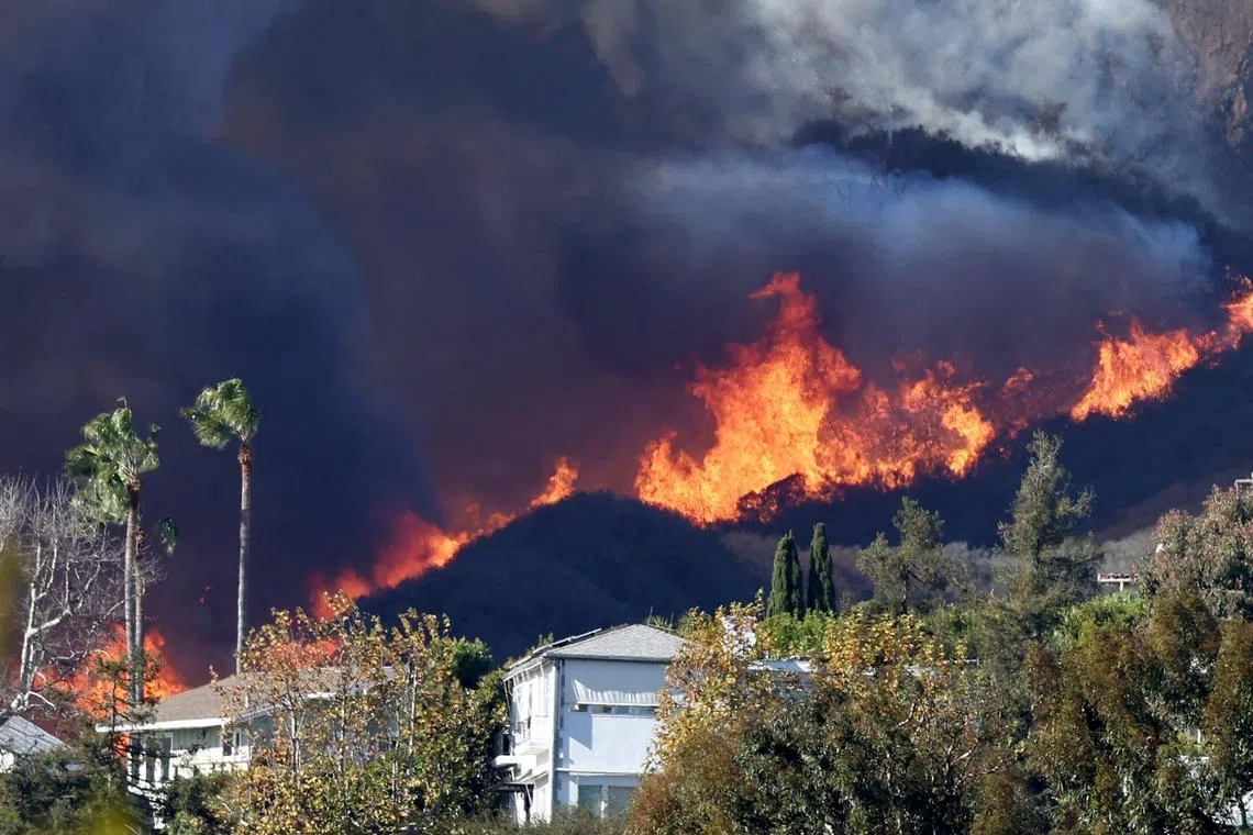 A wildfire burned about 200 acres and threatened homes in an upscale section of Los Angeles on Jan 7, forcing evacuations.