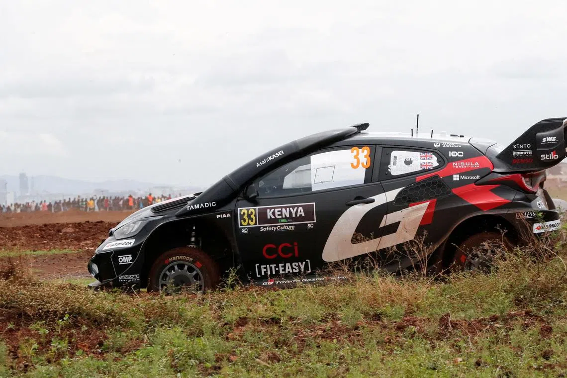 FILE PHOTO: Rallying - World Rally Championship - Safari Rally Kenya - March 20, 2025 - GBR Elfyn Evans and Scott Martin of Toyota GR Yaris Rally1 compete in the side-by-side super special racing stage at Kasarani in Nairobi. REUTERS/Thomas Mukoya/File Photo
