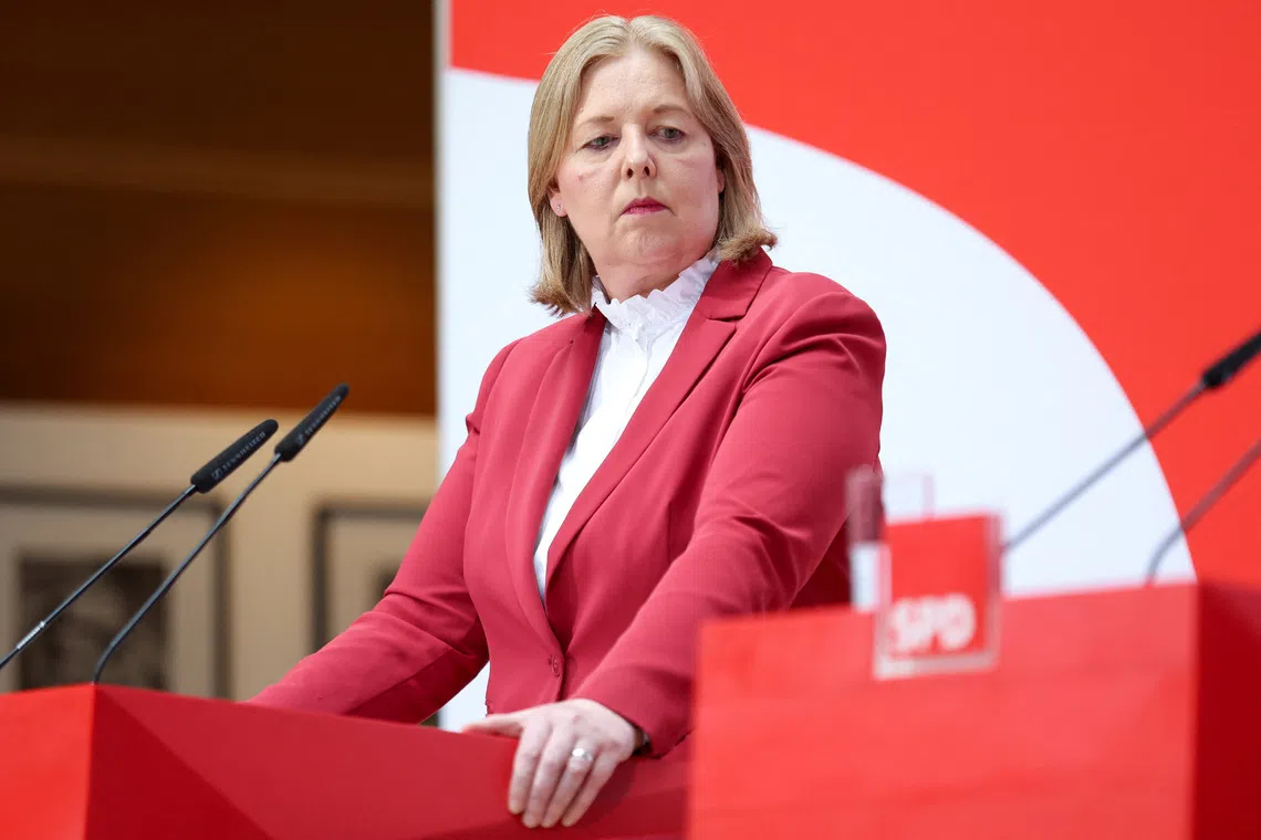Social Democratic Party (SPD) co-leader Baerbel Bas attends a press conference, the day after the Saxony-Anhalt state elections, in Berlin, Germany, September 7, 2026.     REUTERS/Maryam Majd