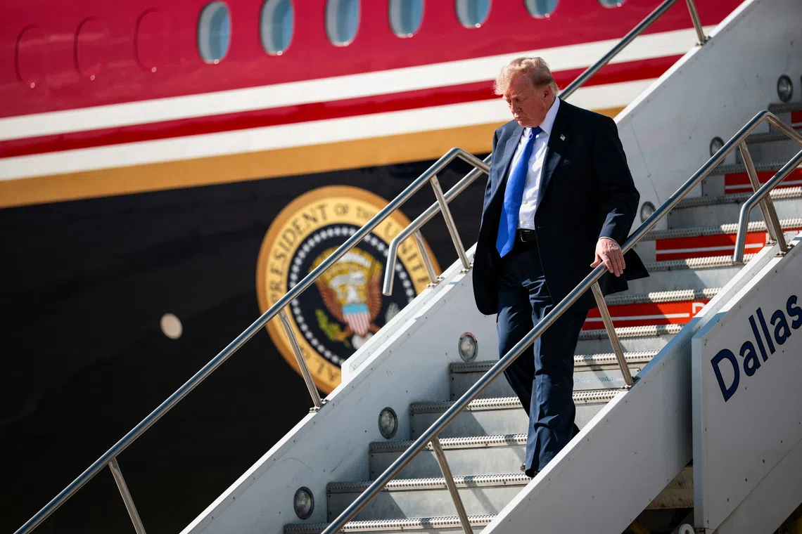 U.S. President Donald Trump disembarks Air Force One as he arrives at Dallas Fort Worth International Airport to attend the Republican National Midterm Convention, in Dallas, Texas, U.S., September 9, 2026. REUTERS/Evan Vucci