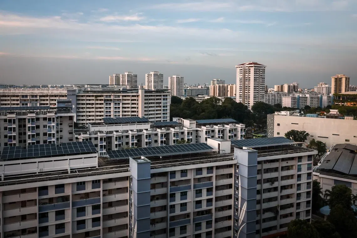 An aerial view of HDB flats in Bedok Central during sunset, 29 September 2024. public housing, BTO, Build-to-Order (BTO), home ownership, housing grants