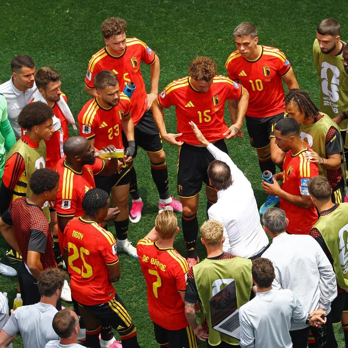 Belgium coach Rudi Garcia giving instructions to his players during the first-half hydration break of the 0-0 World Cup draw with Iran at SoFi Stadium in Los Angeles on June 21, 2026.