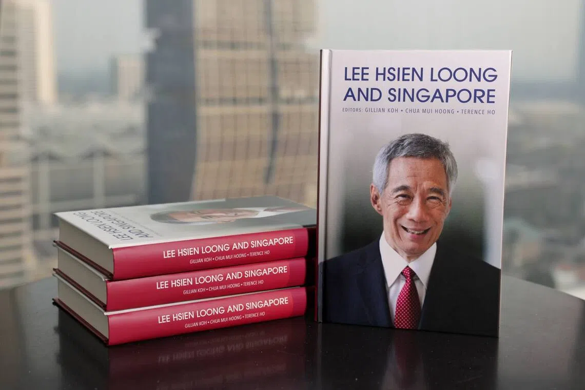 Copies of Lee Hsien Loong and Singapore on display during the book’s launch on Sept 8.
