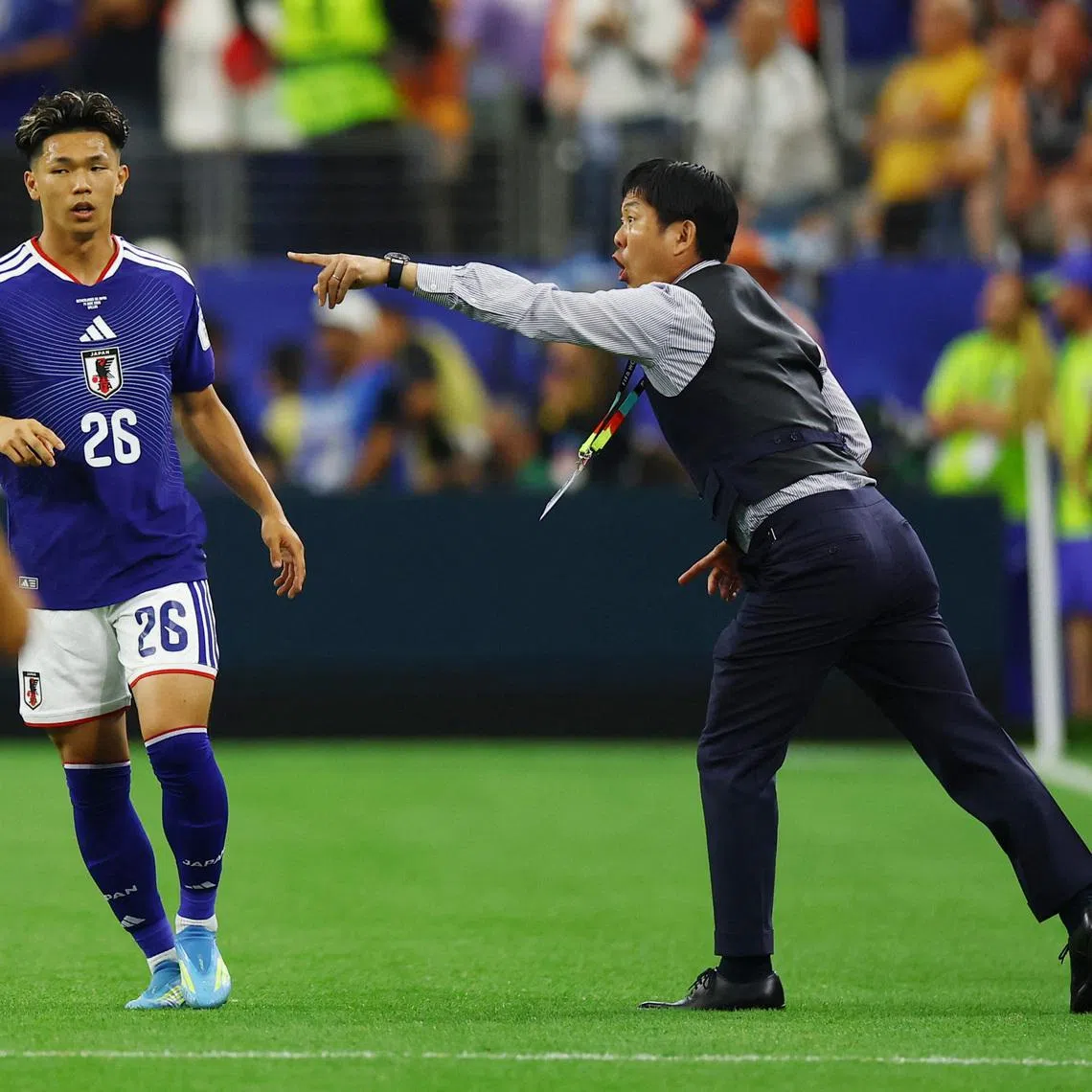 Soccer Football - FIFA World Cup 2026 - Group F - Netherlands v Japan - Dallas Stadium, Arlington, Texas, U.S. - June 14, 2026 Japan coach Hajime Moriyasu reacts REUTERS/Issei Kato