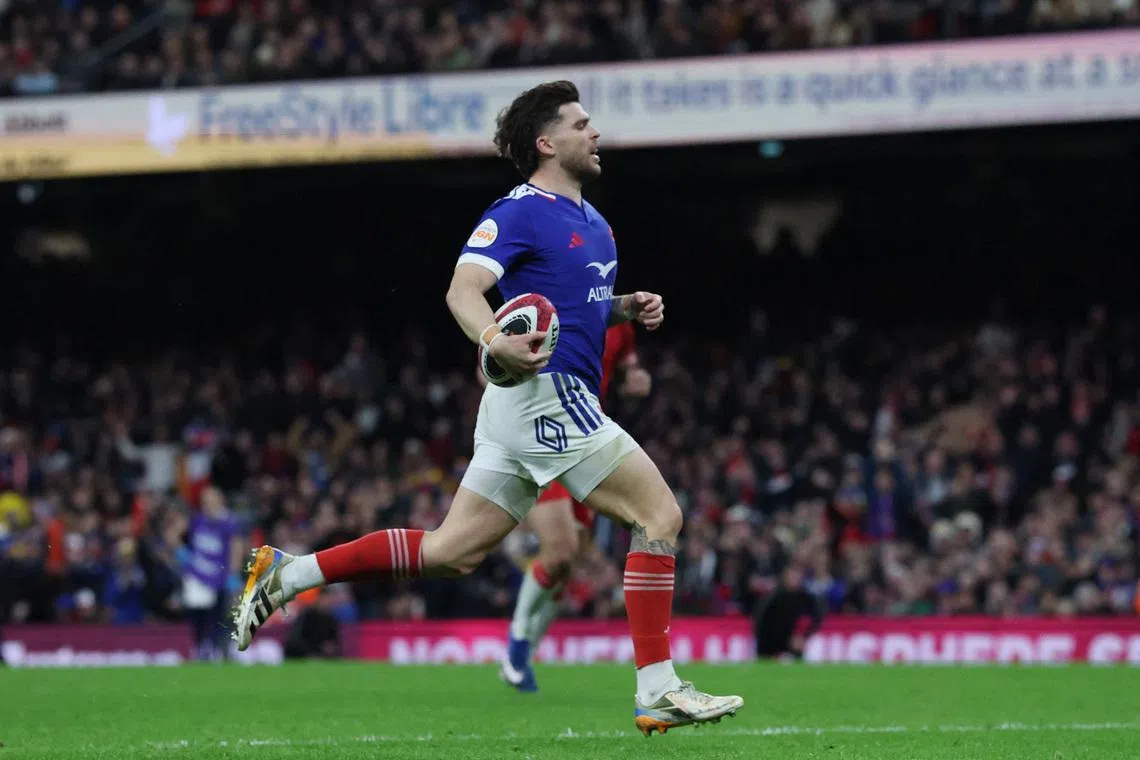 Rugby Union - Six Nations Championship - Wales v France - Principality Stadium, Cardiff, Wales, Britain - February 15, 2026 France's Matthieu Jalibert scores their fourth try Action Images via Reuters/Paul Childs
