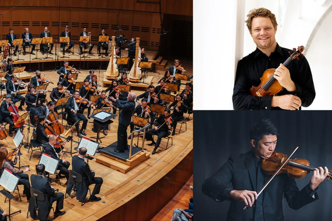 Norwegian violinist David Coucheron (top right) and American violinist Kevin Lin (bottom right) will share duties in leading the SSO for multiple weeks in the season.