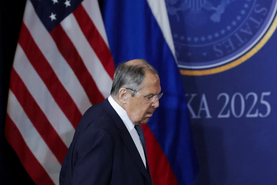 FILE PHOTO: Russian Foreign Minister Sergei Lavrov walks ahead of a joint press conference by U.S. President Donald Trump and Russian President Vladimir Putin, following their meeting to negotiate an end to the war in Ukraine, at Joint Base Elmendorf-Richardson in Anchorage, Alaska, U.S., August 15, 2025. REUTERS/Jeenah Moon/File photo
