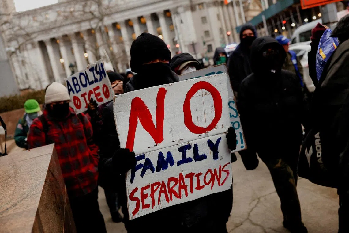 FILE PHOTO: Demonstrators protest against U.S. Immigration and Customs Enforcement (ICE) and deportations carried out by U.S. President Donald Trump's administration, in New York City, U.S., February 13, 2025. REUTERS/Shannon Stapleton/File Photo