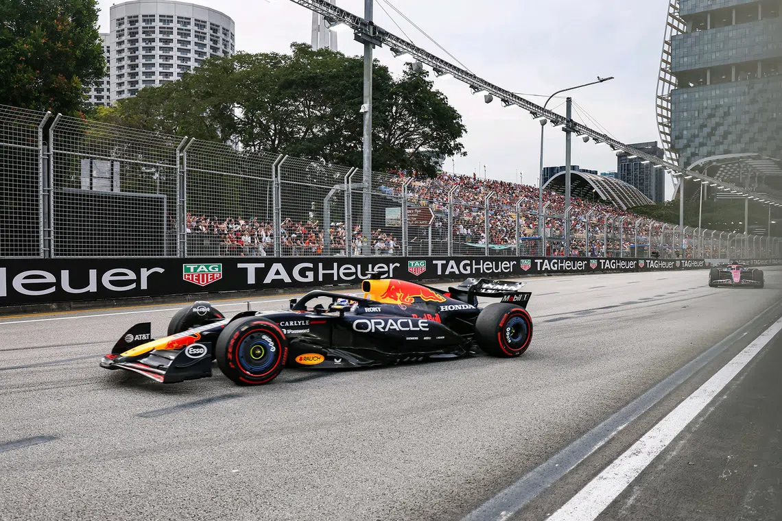 Red Bull's Max Verstappen in action during the final practice session of the Formula 1 2025 Singapore Airlines Singapore Grand Prix at the Marina Bay Street Circuit on Oct 4, 2025. 