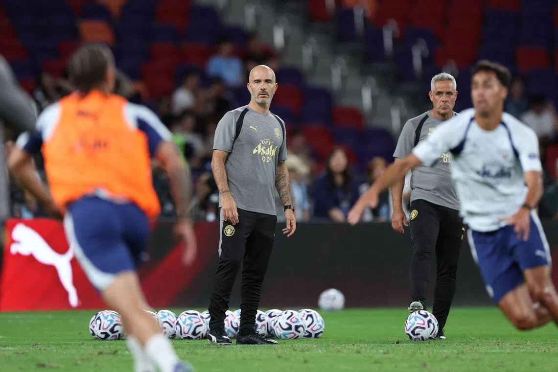 Manchester City manager Enzo Maresca coaches the team during the open training ahead of their friendly match against Inter Milan.