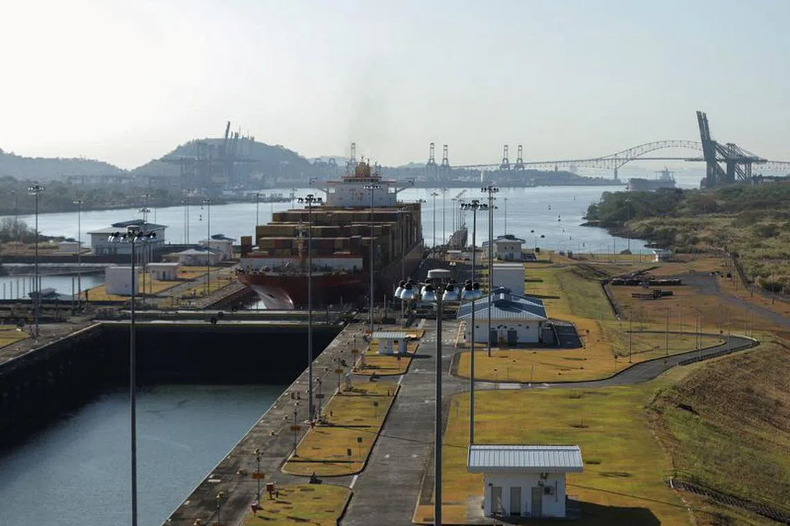 FILE PHOTO: The Liberian MSC UNITED VIII container ship transits in the expanded canal through Cocoli Locks at the Panama Canal, on the outskirts of Panama City, Panama March 10, 2023. REUTERS/Aris Martinez/File Photo