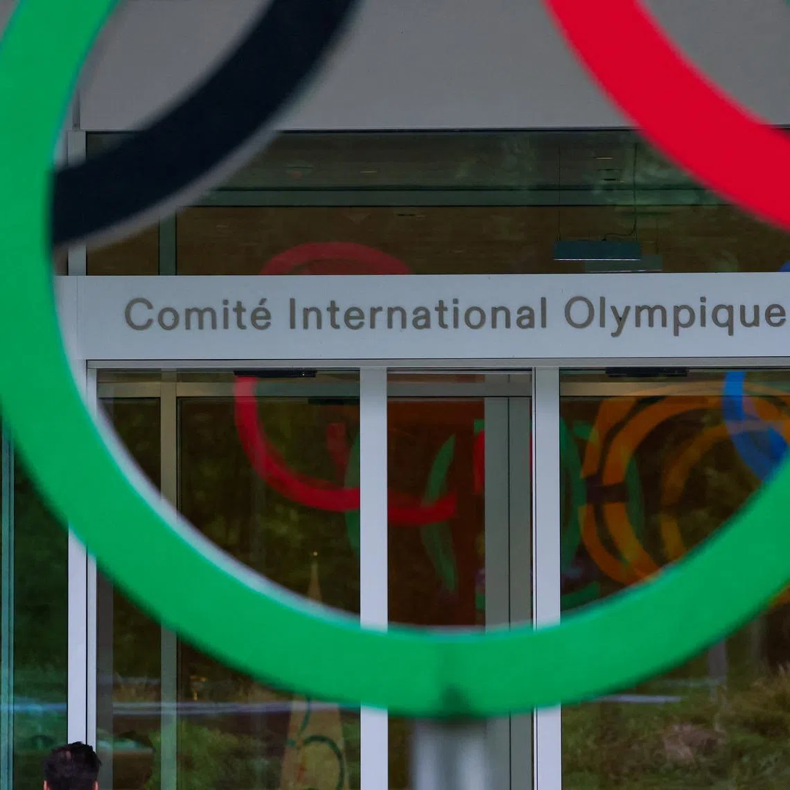 Olympic rings in front of the International Olympic Committee (IOC), during an Executive Board meeting at the Olympic House in Lausanne, Switzerland, May 6, 2026. REUTERS/Denis Balibouse/File Photo