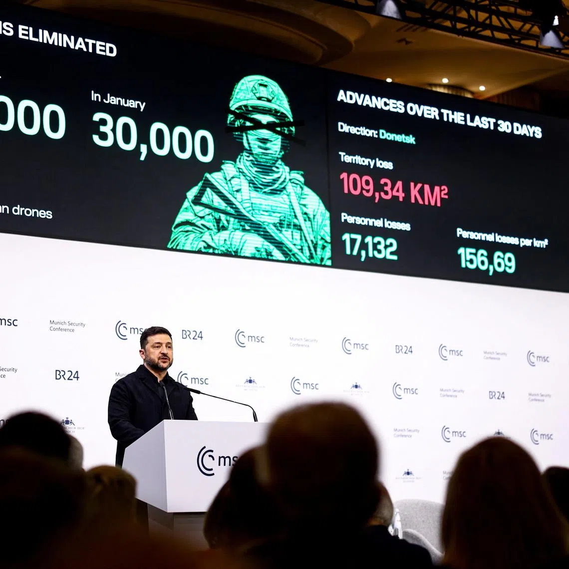 Ukrainian President Volodymyr Zelenskiy speaks during the Munich Security Conference (MSC) in Munich, Germany, February 14, 2026. REUTERS/Liesa Johannssen