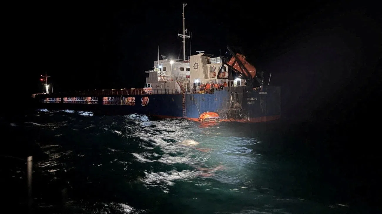 A handout image from the Bulgarian Interior Ministry shows a vessel that was hit by a drone in the Black Sea.