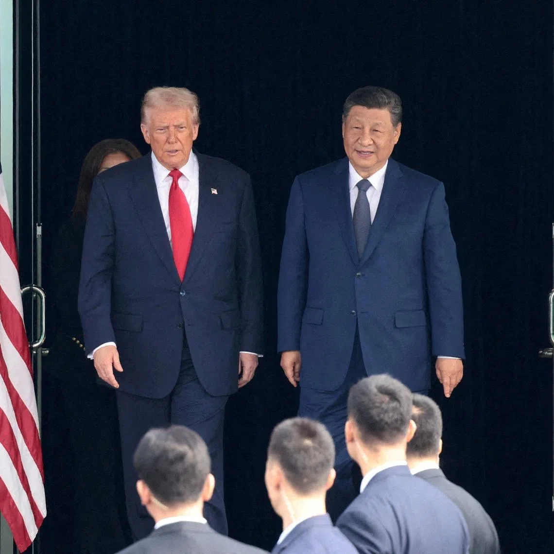 U.S. President Donald Trump and Chinese President Xi Jinping walk as they leave after a bilateral meeting at Gimhae International Airport, on the sidelines of the Asia-Pacific Economic Cooperation (APEC) summit, in Busan, South Korea, October 30, 2025. REUTERS/Evelyn Hockstein