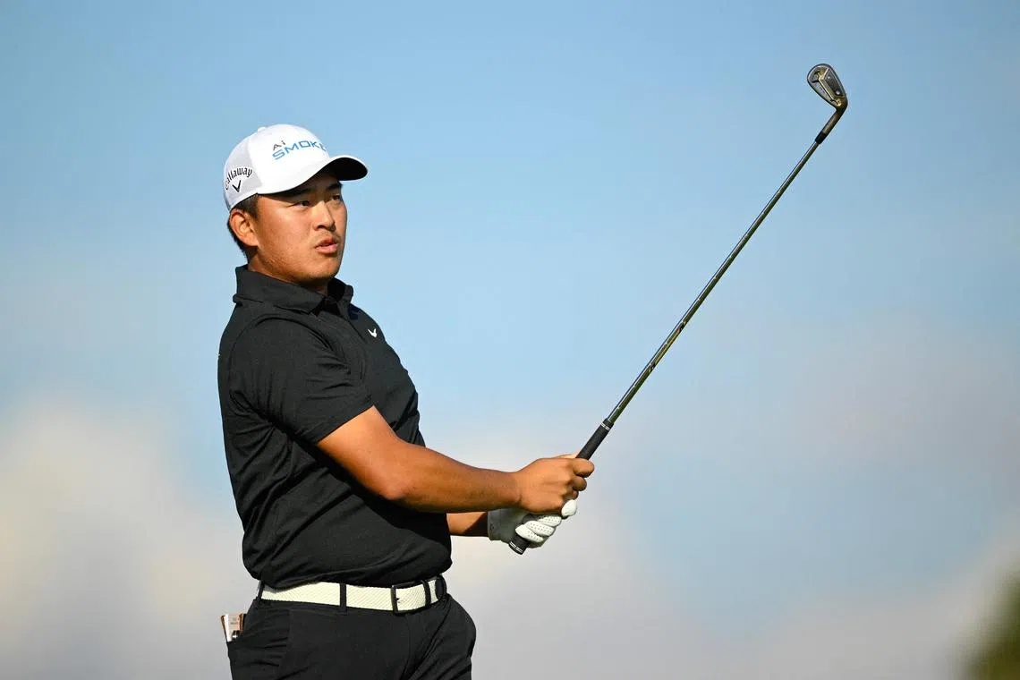 LA QUINTA, CALIFORNIA - JANUARY 21: Kevin Yu of Chinese Taipei hits a tee shot on the 17th hole during the final round of The American Express at Pete Dye Stadium Course on January 21, 2024 in La Quinta, California.   Orlando Ramirez/Getty Images/AFP (Photo by Orlando Ramirez / GETTY IMAGES NORTH AMERICA / Getty Images via AFP)