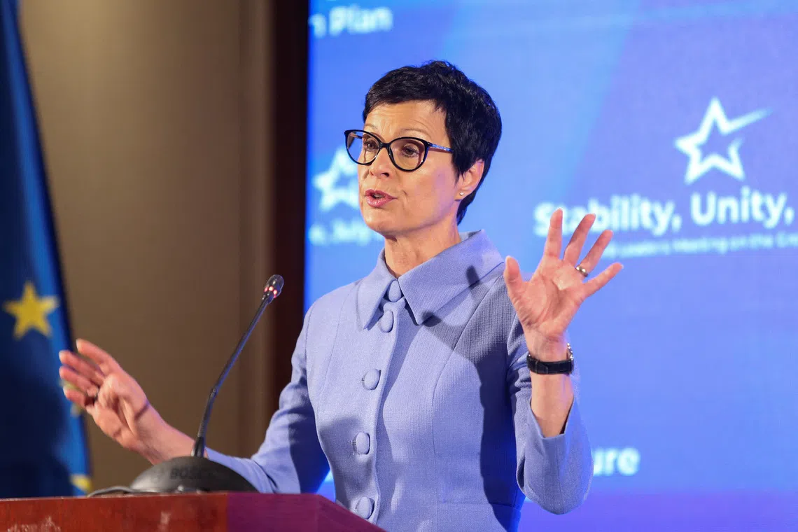 FILE PHOTO: European Commissioner for Enlargement Marta Kos speaks, on the day of a meeting of the Western Balkan leaders in Skopje, North Macedonia, July 1, 2025. REUTERS/Ognen Teofilovski/File Photo