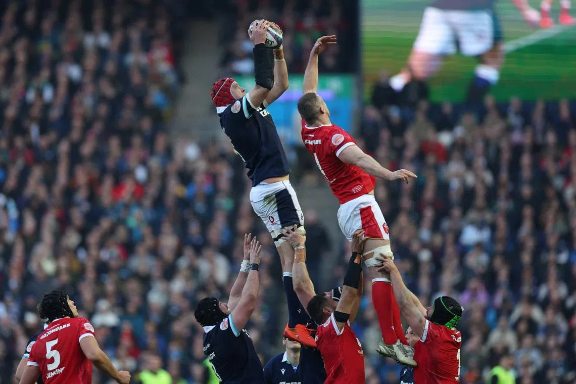 FILE PHOTO: Rugby Union - Six Nations Championship - Scotland v Wales - Murrayfield Stadium, Edinburgh, Scotland, Britain - March 8, 2025 Scotland's Grant Gilchrist wins the lineout against Wales' Will Rowlands. REUTERS/Russell Cheyne/File Photo