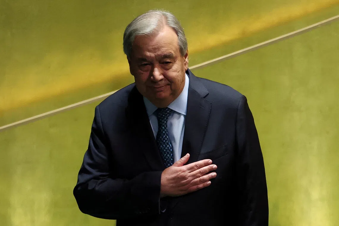United Nations Secretary-General Antonio Guterres gestures next to the podium during the 80th United Nations General Assembly at U.N. headquarters in New York City, U.S., September 23, 2025.  REUTERS/Mike Segar