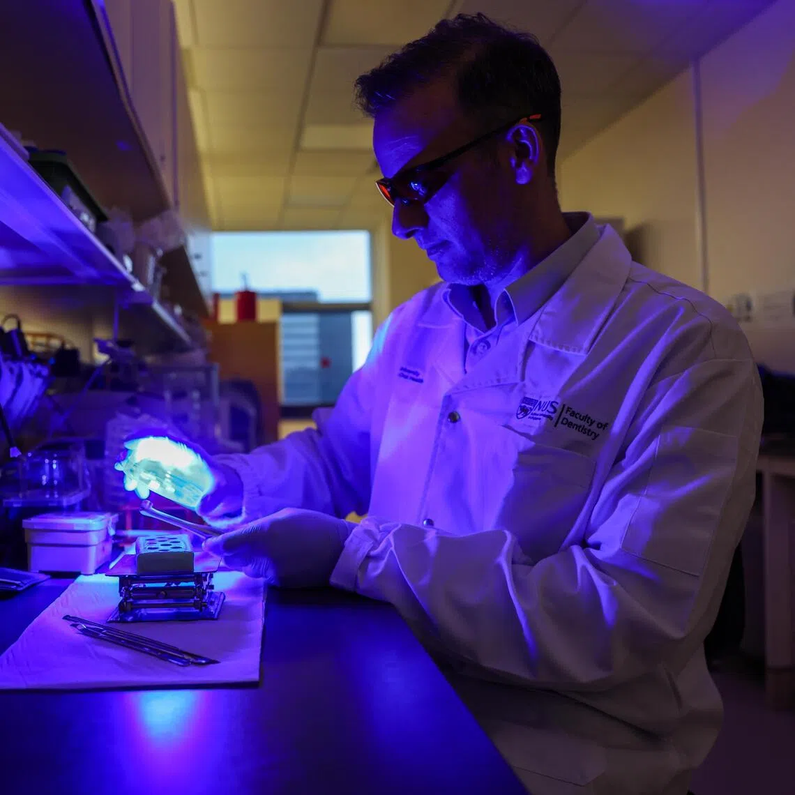 Associate Professor Vinicius Rosa, NUS Faculty of Dentistry, using a light source to shine at the hydrogel at his lab in the National University Centre For Oral Health Singapore on April 30, 2026.