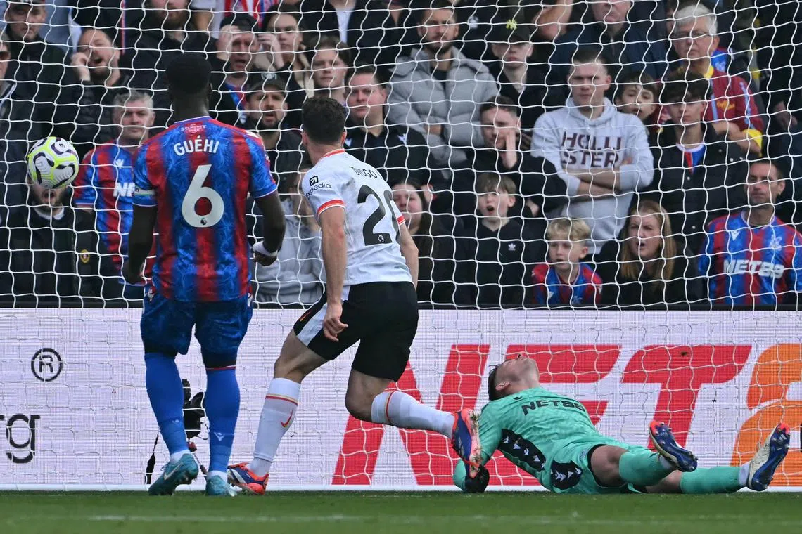 Liverpool's Diogo Jota scores in the 1-0 English Premier League win over Crystal Palace.