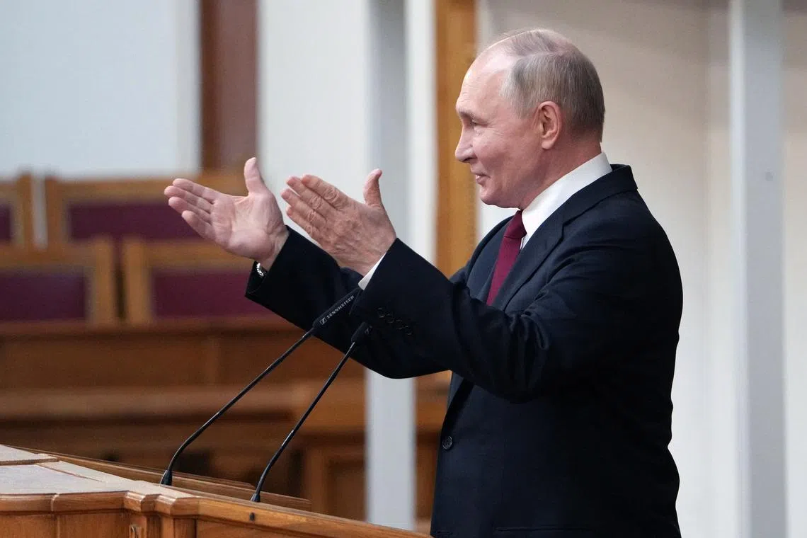 FILE PHOTO: Russian President Vladimir Putin speaks at the BRICS Parliamentary Forum in Saint Petersburg, Russia July 11, 2024.  Alexander Vilf/Host Photo Agency BRICS-RUSSIA2024.RU/Handout via REUTERS/File Photo