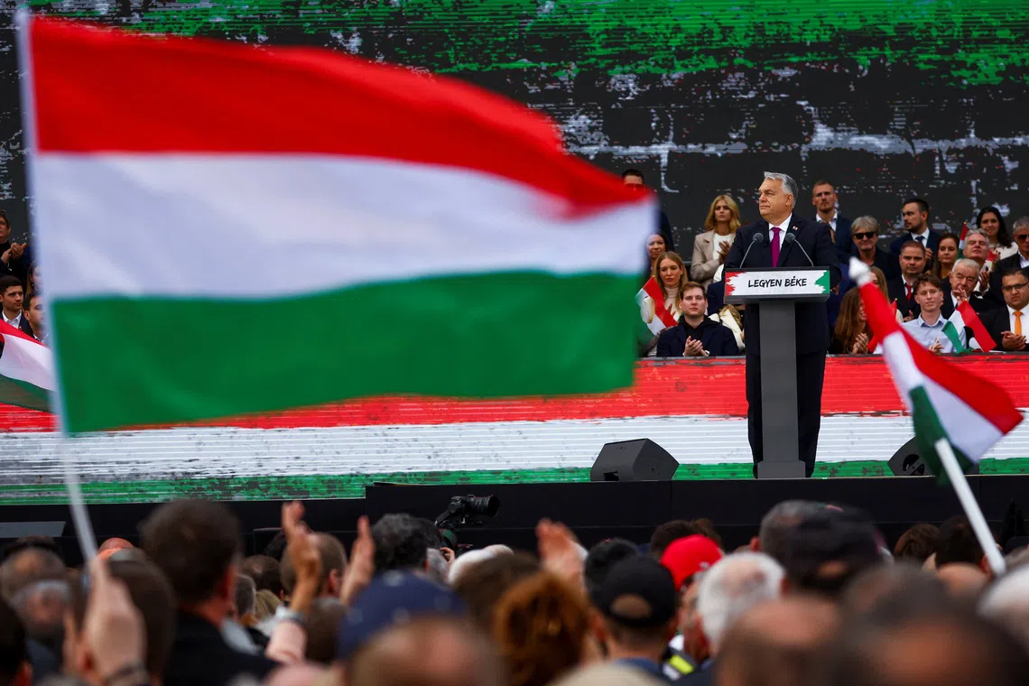 Hungarian Prime Minister Viktor Orban delivers a speech to mark the 69th anniversary of the Hungarian Uprising of 1956, in Budapest, Hungary, October 23, 2025. REUTERS/Bernadett Szabo/File Photo