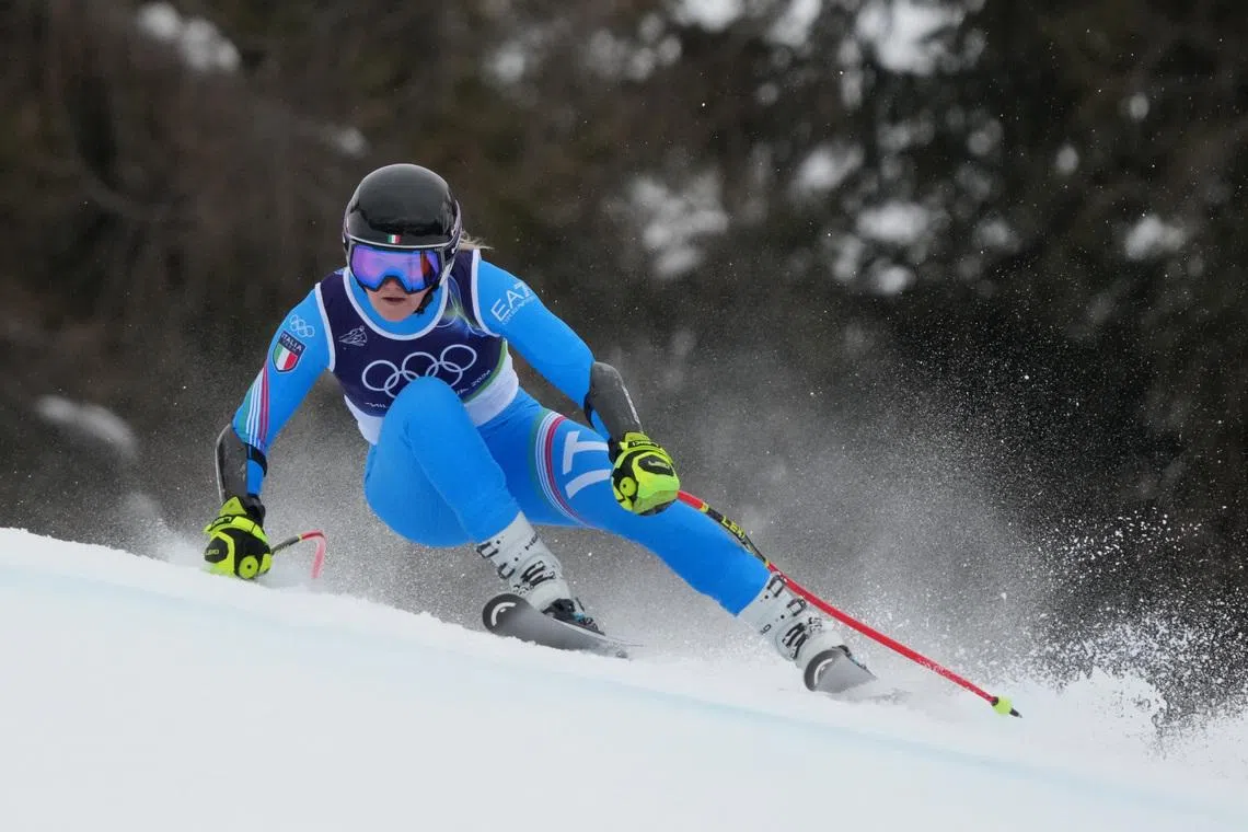Feb 12, 2026; Cortina d'Ampezzo, Italy; Laura Pirovano of Italy in the women's alpine skiing Super G race during the Milano Cortina 2026 Olympic Winter Games at Tofane Alpine Skiing Centre. Mandatory Credit: Eric Bolte-Imagn Images/File Photo