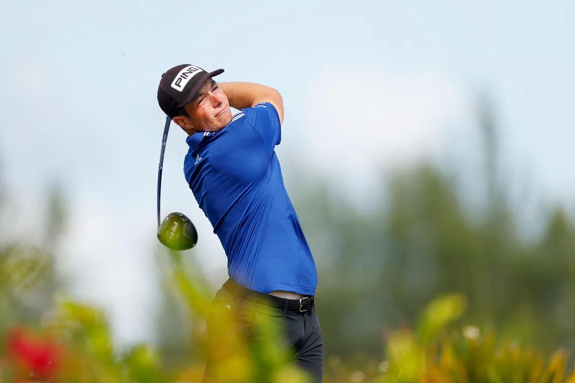 Viktor Hovland of Norway plays his shot from the fourth tee during the third round of the Hero World Challenge at Albany Golf Course on Dec 2, 2023.