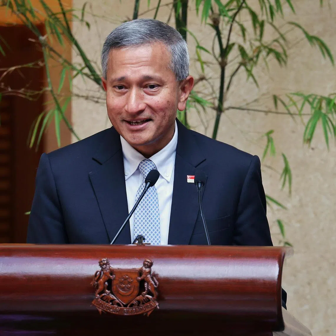 ST20250108_202522300449/tmvivian/Tam Mei/Jason Quah

Minister for Foreign Affairs Dr Vivian Balakrishnan speaking at a reception for the diplomatic corps in Singapore, at the Ministry of Foreign Affairs on Jan 8, 2025. The reception was held to present the candidature of Ambassador Rena Lee to the International Court of Justice (ICJ). ST PHOTO: JASON QUAH