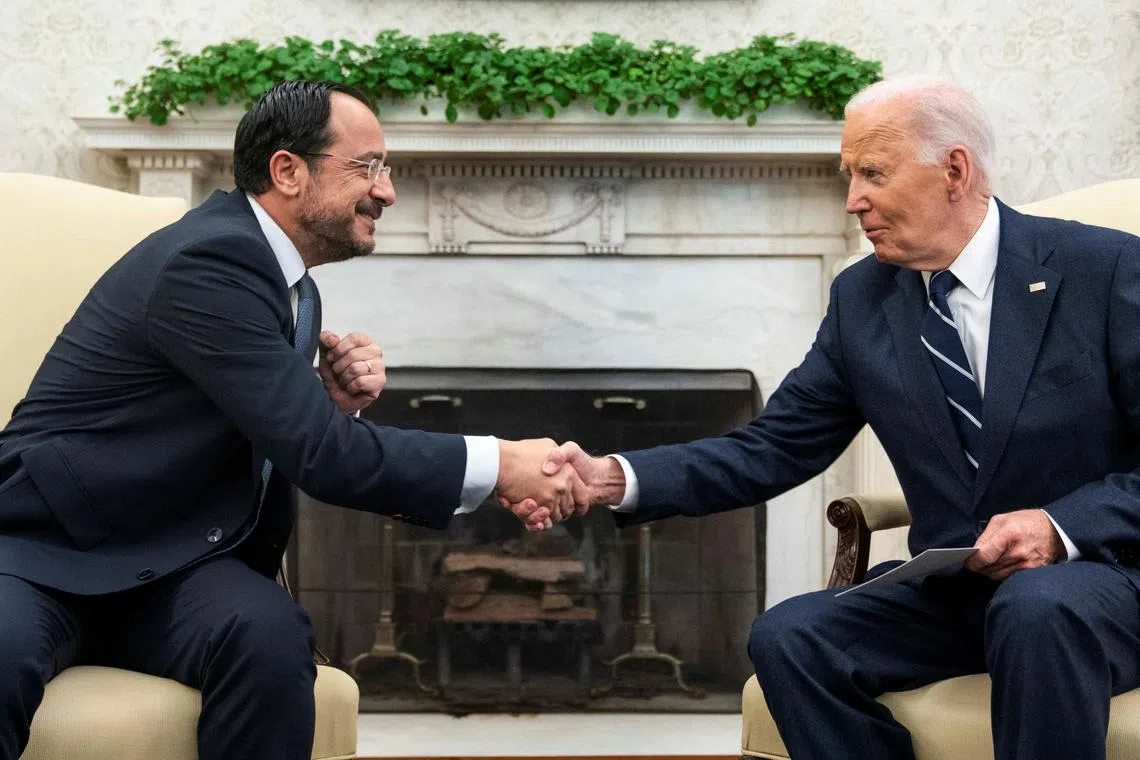 FILE PHOTO: U.S. President Joe Biden meets with Cyprus President Nikos Christodoulides in the Oval Office at the White House in Washington, U.S., October 30, 2024. REUTERS/Nathan Howard/File Photo