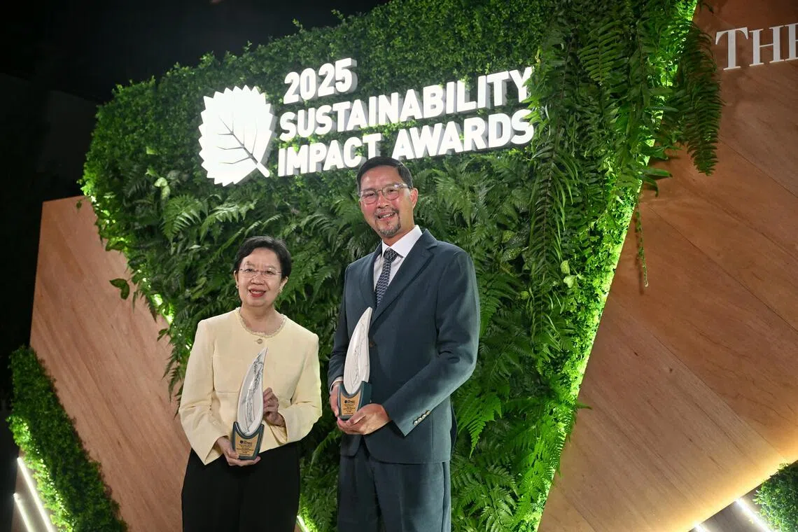 Impact Leader of the Year award recipients Lily Kong and Bjorn Low at the Sustainability Impact Awards ceremony on Sept 25.