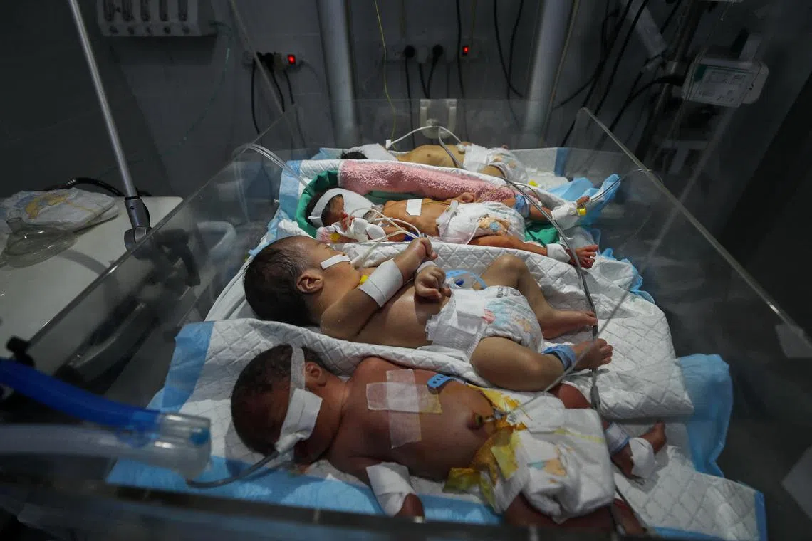 Palestinian newborns sharing an incubator at Gaza City's Al-Helou hospital on July 10, due to a fuel crisis in the Gaza Strip.