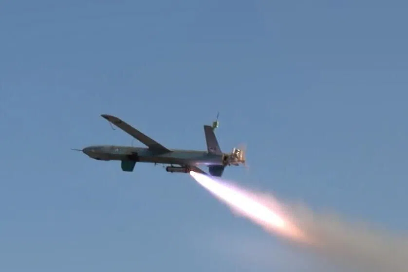 A video released by the Iran-aligned Houthis shows a drone launching from an undisclosed location in Yemen.