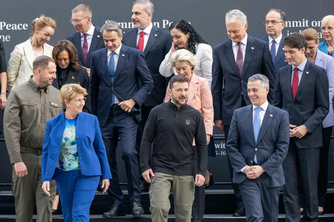 Ukrainian President Volodymyr Zelensky (foreground, centre) and other world leaders at the peace summit in Switzerland on June 15.