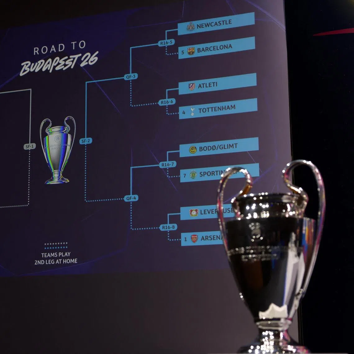 General view of the completed draw and the Champions League trophy at UEFA's  headquarters in Nyon, Switzerland, on Feb 27, 2026.