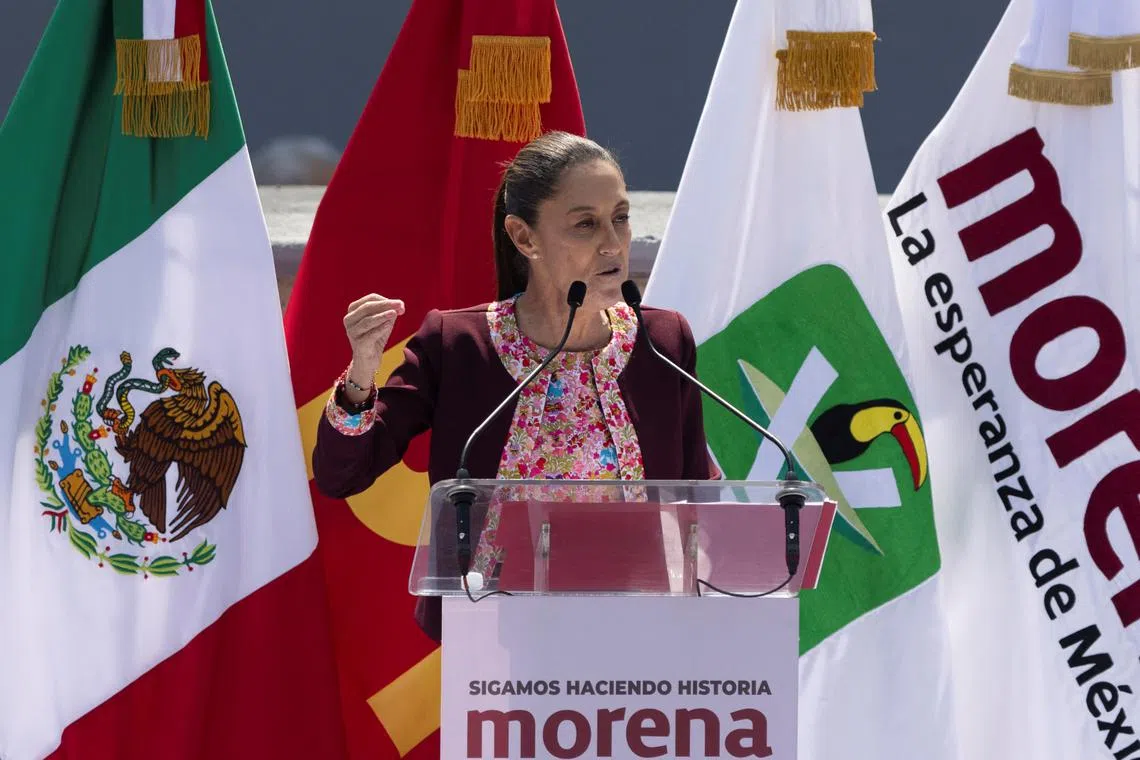 FILE PHOTO: Claudia Sheinbaum of Mexico's ruling National Regeneration Movement (MORENA) party speaks during an event on the day she registers as a presidential candidate for the upcoming June 2 general election at the National Electoral Institute (INE), in Mexico City, Mexico February 18, 2024. REUTERS/Quetzalli Nicte-Ha