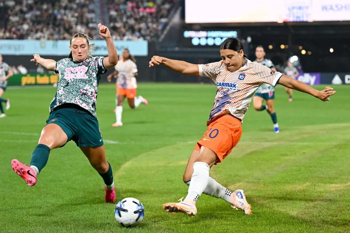 Jul 15, 2026; New York, NY, USA;  Gotham FC forward Sam Kerr (20) goes to shoot on goal during the Queens Classic match between Washington Spirit and Gotham FC at Citi Field. Mandatory Credit: Brenden Willsch-Imagn Images