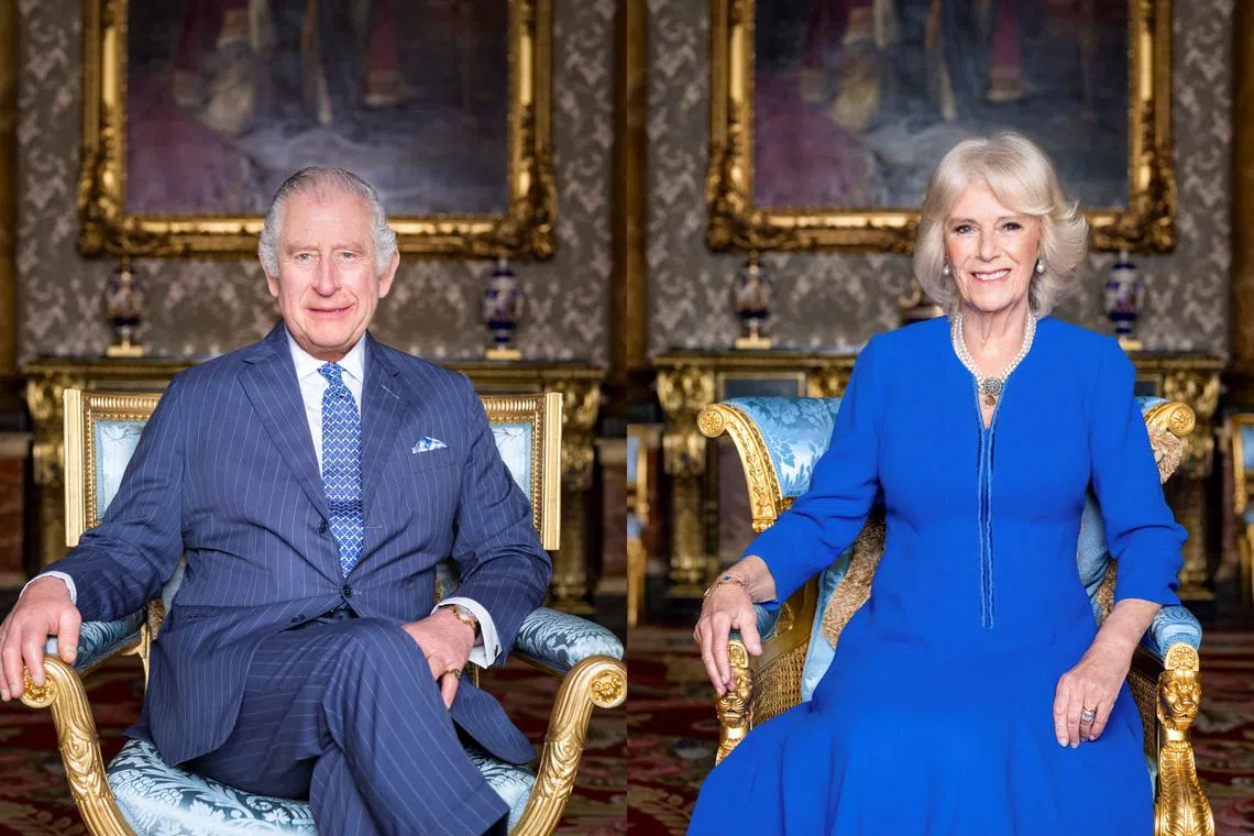 Charles and Camilla appear in separate photographs, sitting in front of a state portrait of King George V, Charles'  great-grandfather.