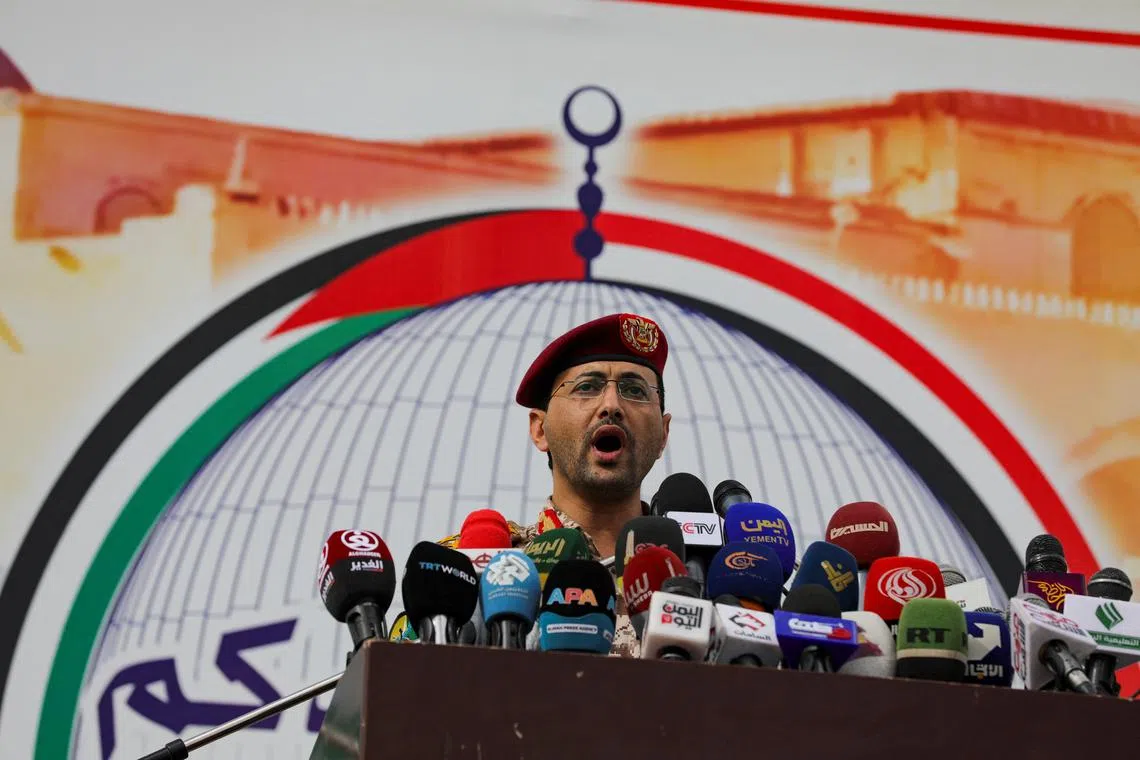 FILE PHOTO: Yahya Sarea, the Houthi military spokesperson, delivers a statement, during a pro-Palestinian rally, saying they launched an attack on the \"Pacific 01\" ship in the Red Sea with missiles, in Sanaa, Yemen, March 15, 2024. REUTERS/Khaled Abdullah/File Photo