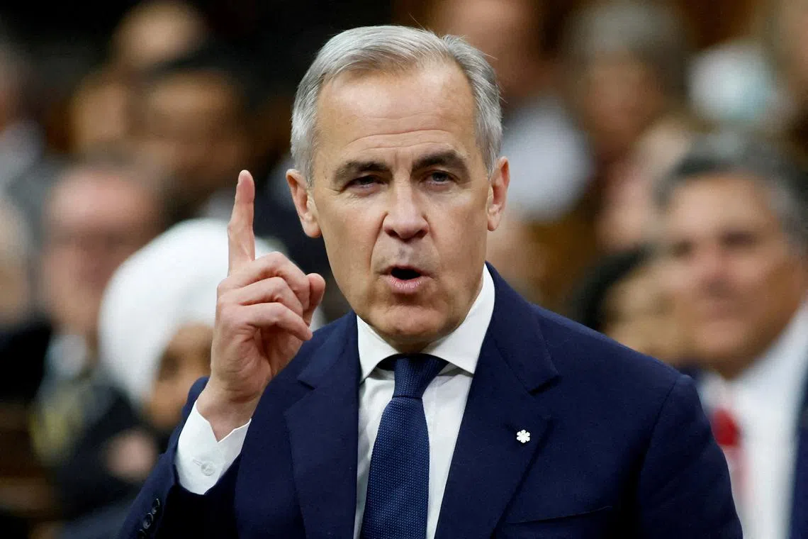 FILE PHOTO: Canada's Prime Minister Mark Carney speaks during Question Period in the House of Commons on Parliament Hill in Ottawa, Ontario, Canada May 28, 2025. REUTERS/Blair Gable/File Photo
