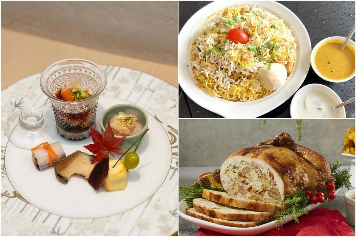 (Clockwise from left) Sushi Sei's appetiser platter, Hyderabad chicken dhum biryani from Biryani Concepts and Stuffed boneless roast chicken from Da Paolo Gastronomia.