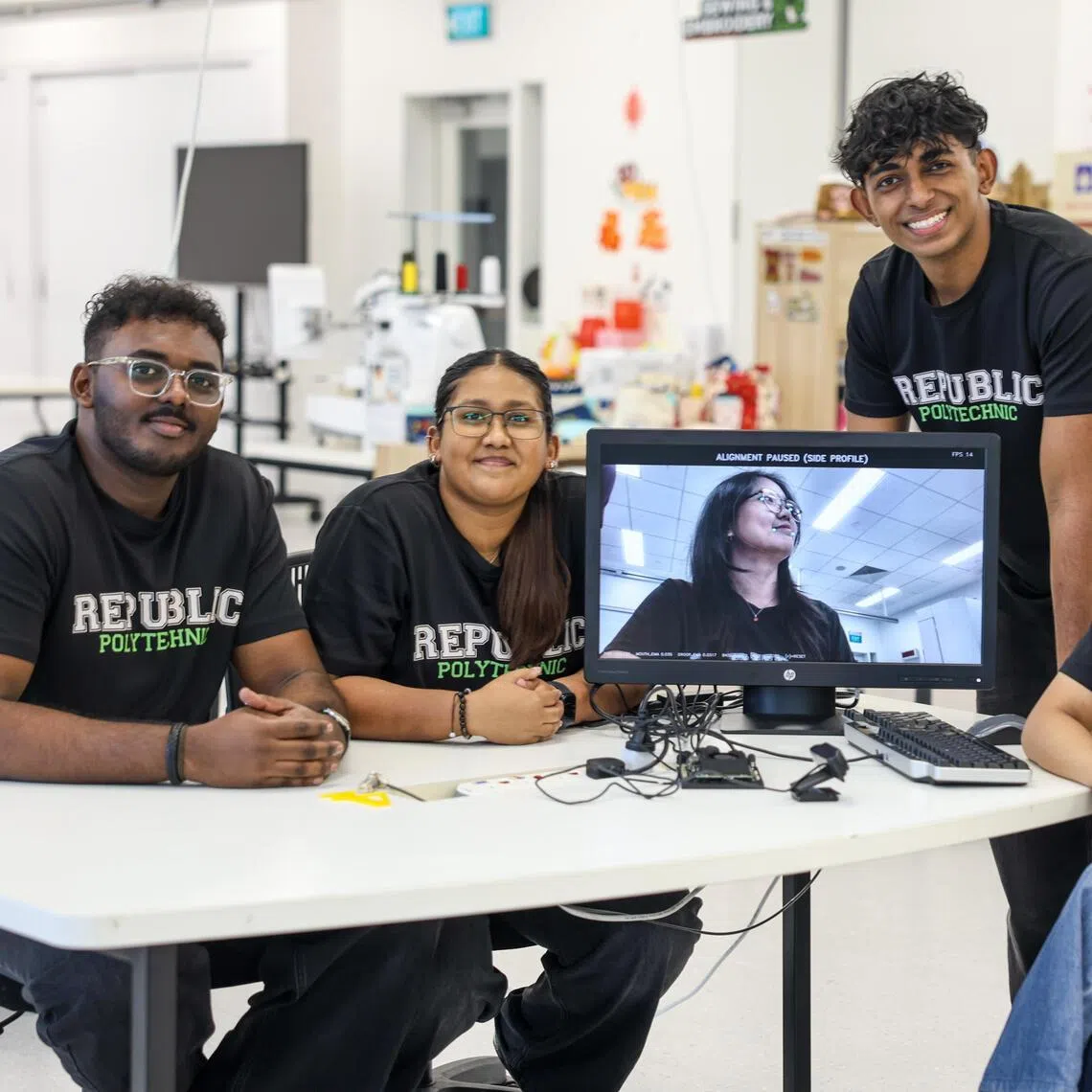 Republic Poly students (from left) Sasindren Jaya Sanger, Sarah Beegam Saju, Ashwin Manikandan, and Tan Jia Ling Jolin, with their AI-powered stroke detection system.