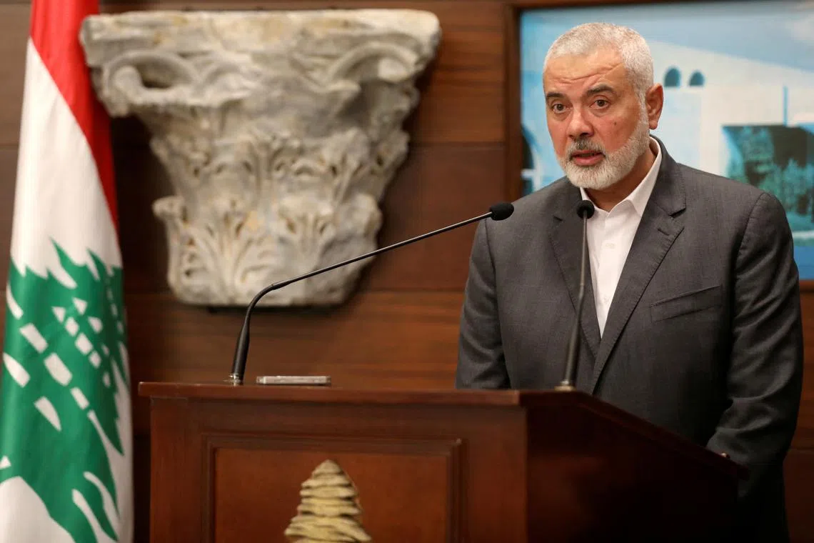 FILE PHOTO: Palestinian group Hamas' top leader Ismail Haniyeh talks after meeting with Lebanon's President Michel Aoun, in Baabda, Lebanon June 28, 2021. REUTERS/Mohamed Azakir/File Photo